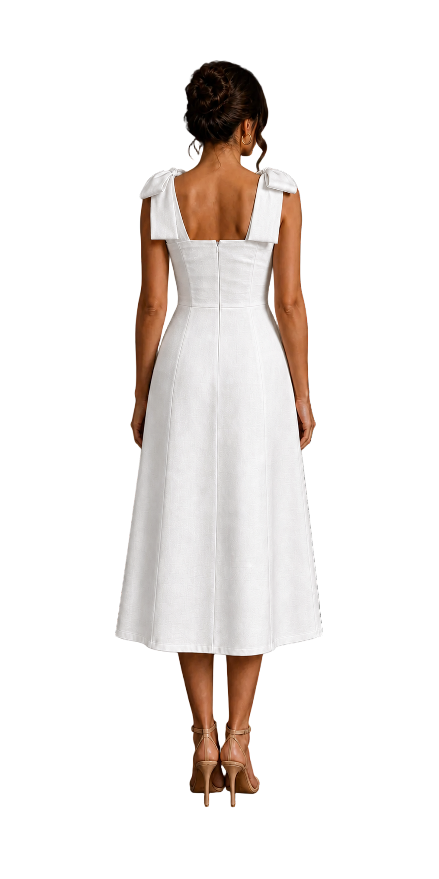 Aurora White midi dress – back view with concealed zip