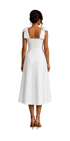 Aurora White midi dress – back view with concealed zip