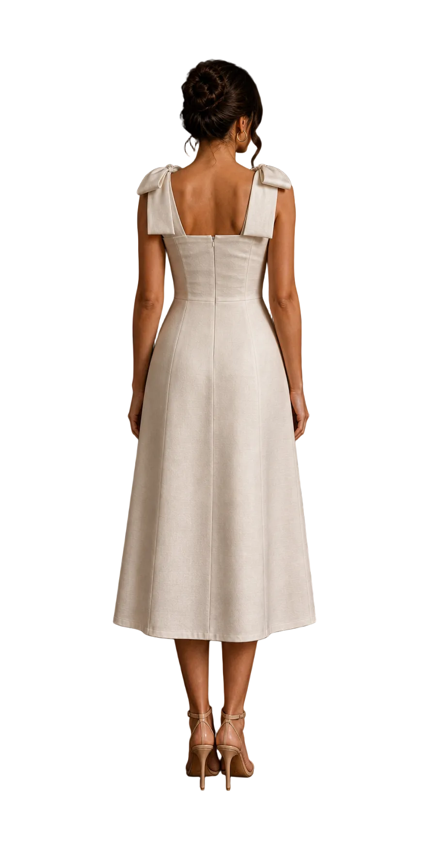 Aurora Beige midi haljina – stražnji pogled i skriveni patent