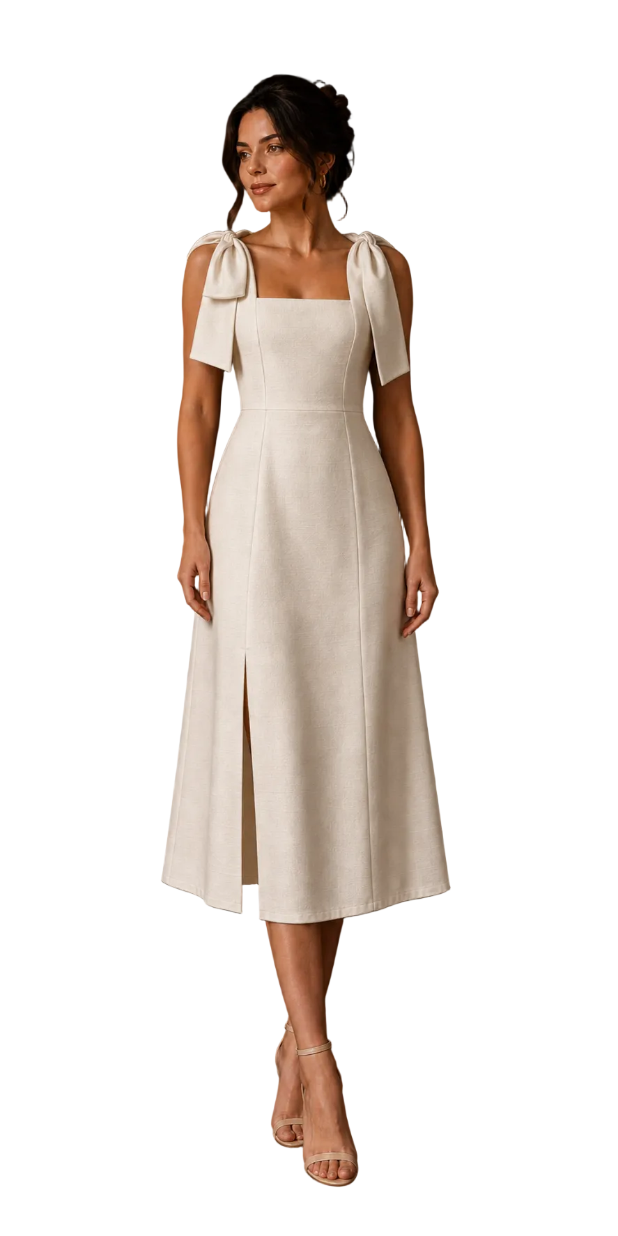 Aurora Beige midi dress with shoulder bows – front view
