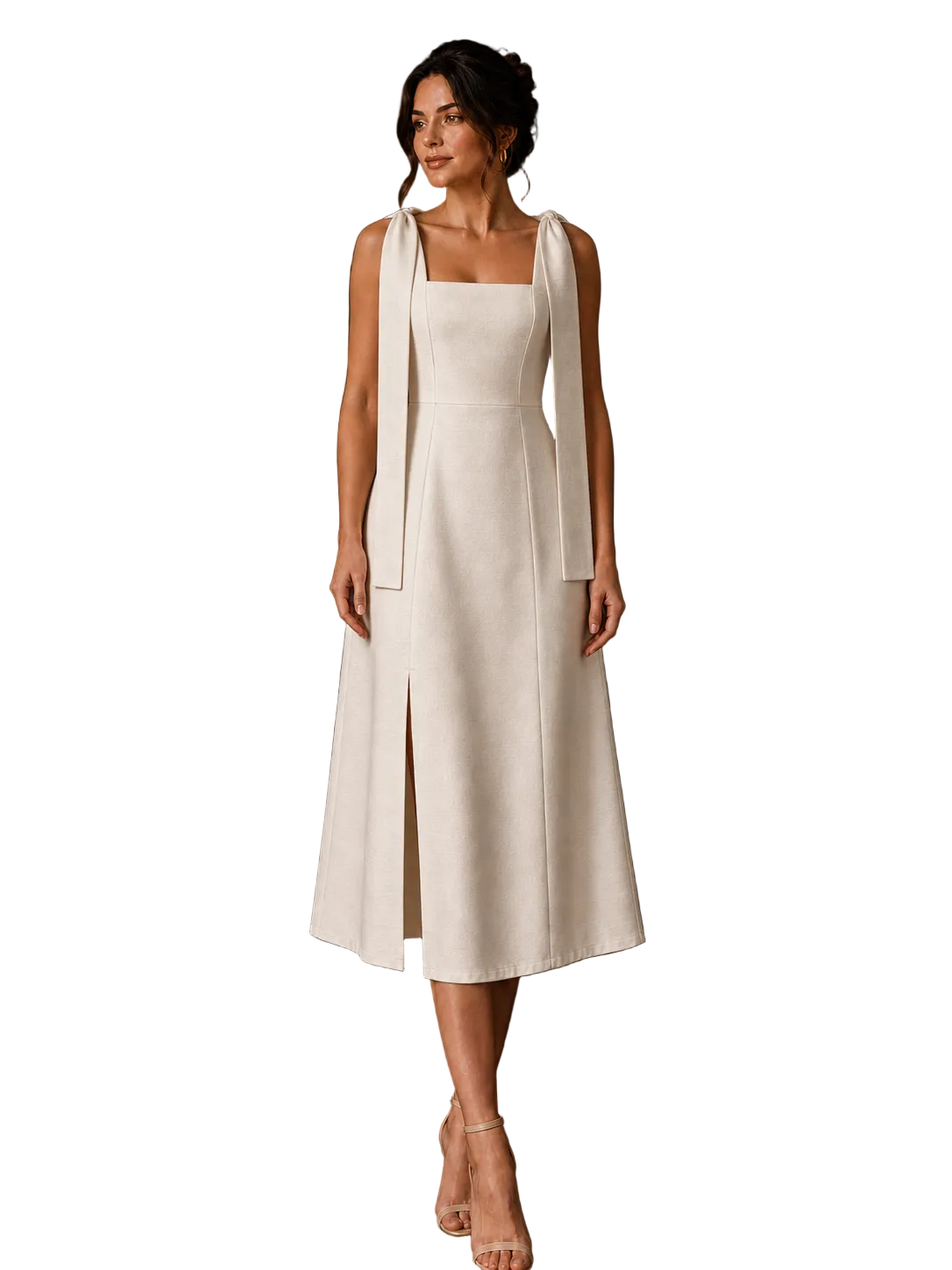 Aurora Beige midi haljina s dugim podesivim trakama na ramenima