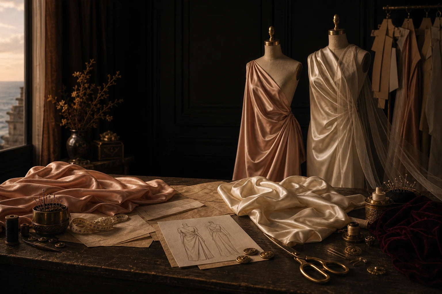 Fabrics, tailoring tools and dress forms in the dark Monci atelier.