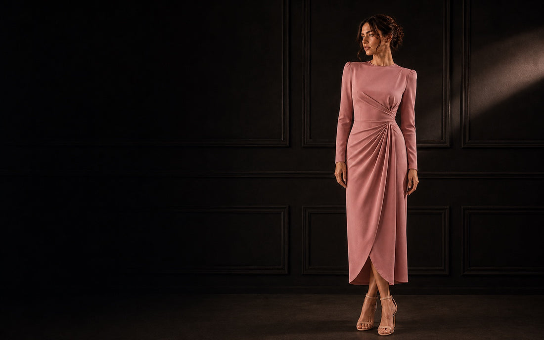Monci model in a rose draped dress